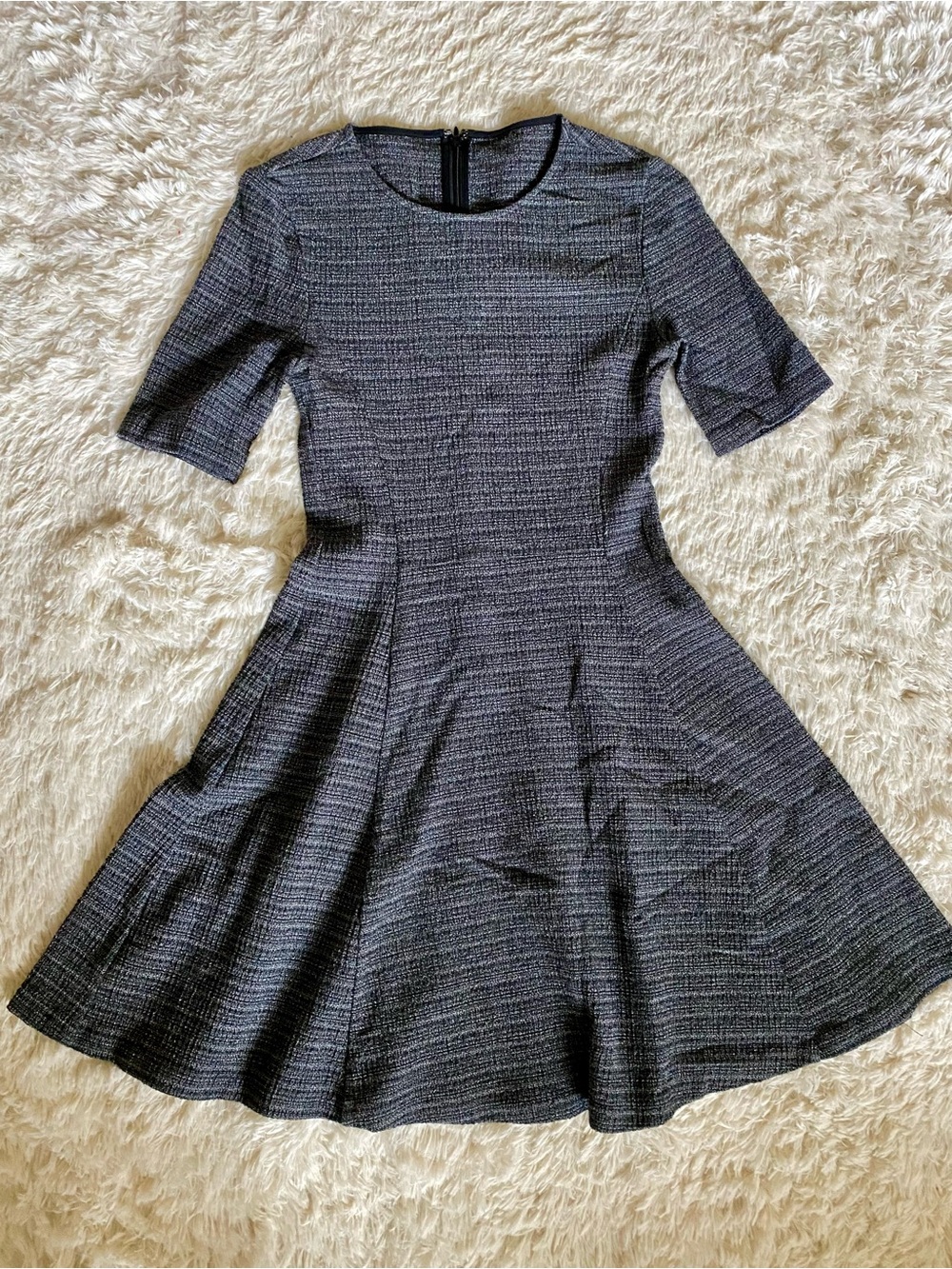 Textured Midi Fit-and-Flare Dress in Charcoal Gray